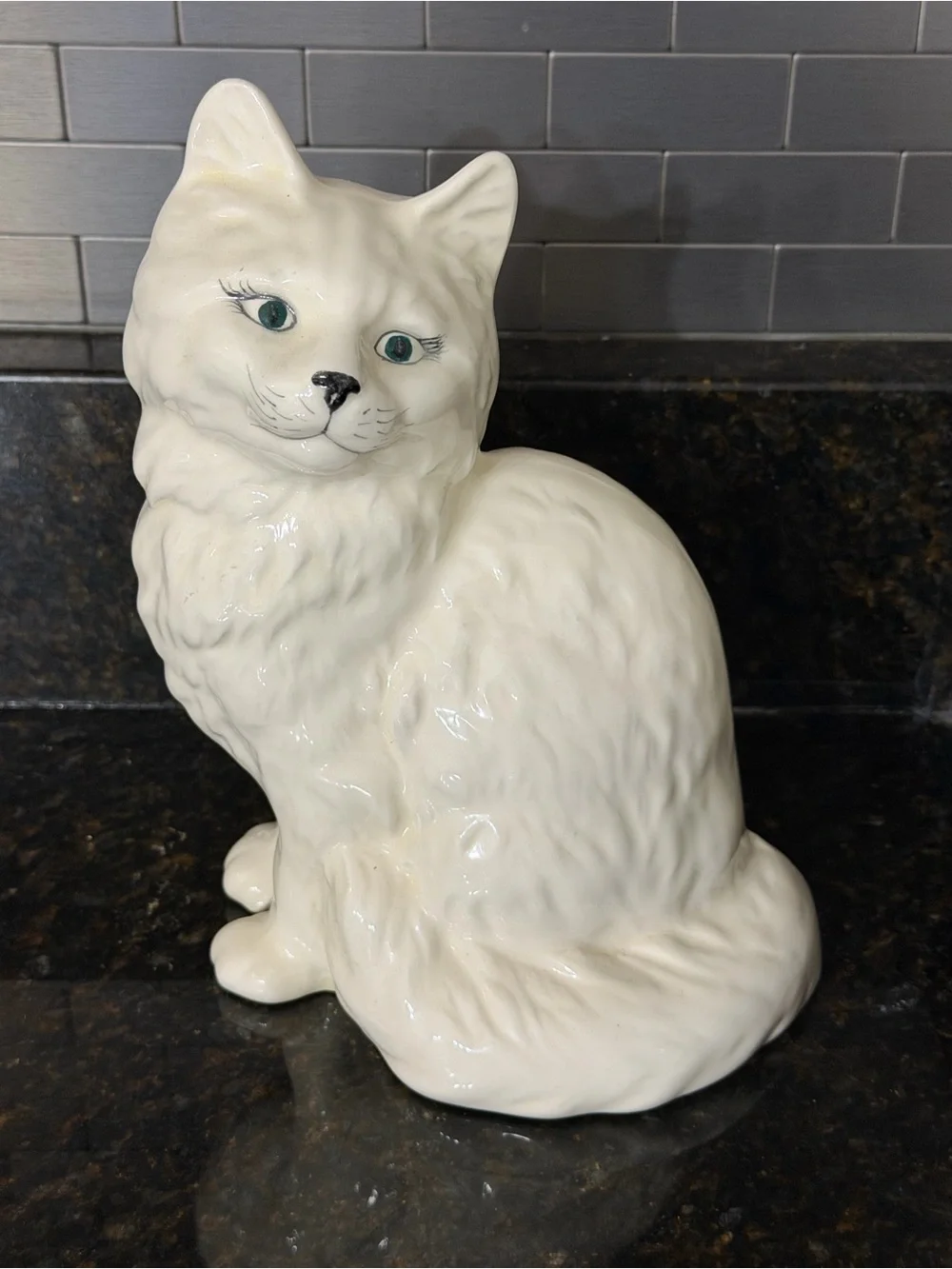 Vintage 1975 White Ceramic Cat Figurine Green Eyes